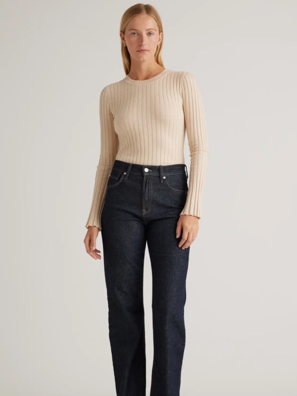 Quince Ribbed Long Sleeve Cotton Cashmere Sweater XL